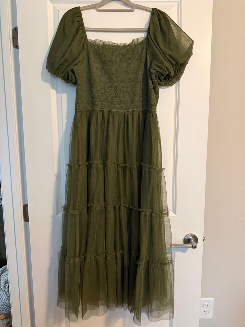 Olive Green Puff Sleeve Tulle Dress